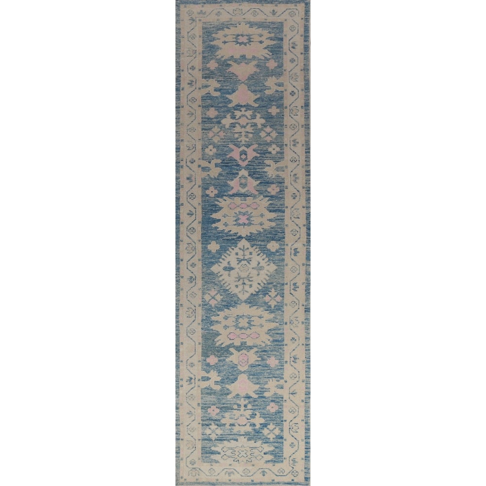Hand Knotted Oriental 100% Wool Carpet Transitional Floral Navy Blue & Blues Oushak Runner Rug - 14' 5'' X 3' 1''