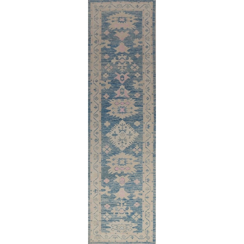 Hand Knotted Oriental 100% Wool Carpet Transitional Floral Navy Blue & Blues Oushak Runner Rug - 14' 5'' X 3' 1''