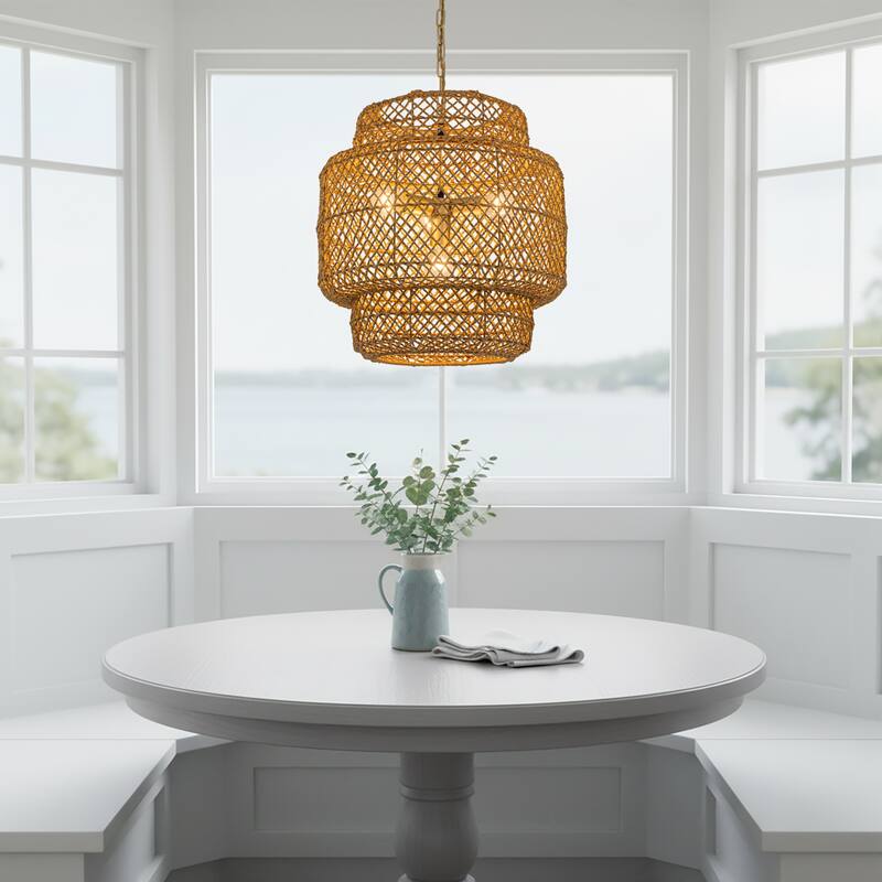 Clair 4-Light Rattan Hemp Tiered Pendant, Coastal Boho - Handwoven - 20" Wide