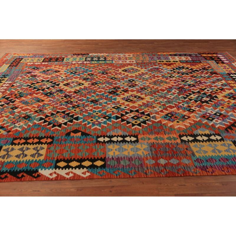 Orange Kilim Oriental Area Rug Hand-Woven Geometric Wool Carpet - 8'0"x 11'8"