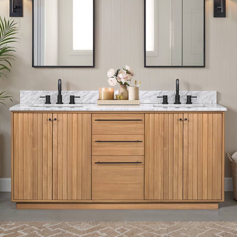 Avanity Parker Bathroom Vanity in Natural Teak with Carrara White Marble Top - 73" Double Sink