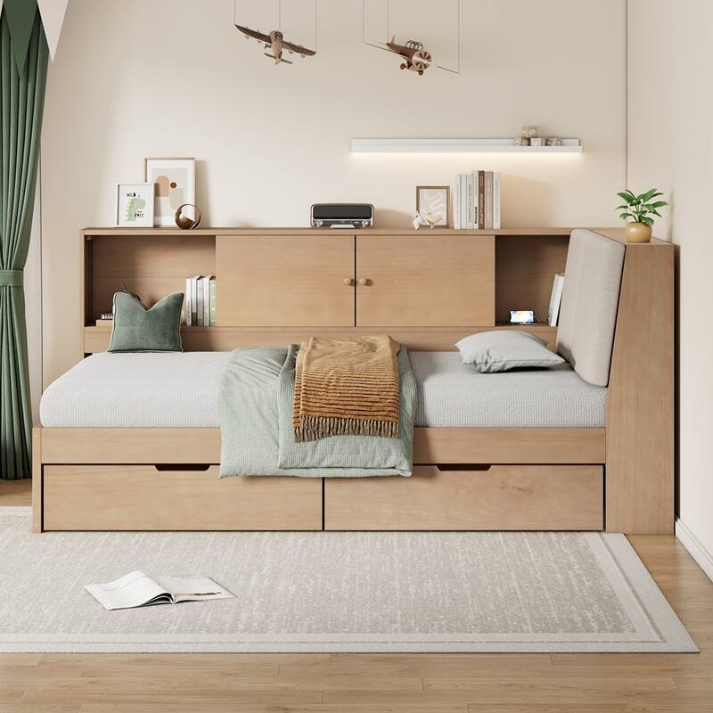 Wooden L-shaped Daybed Corner Bed with Storage Bookcase and USB Charging Ports