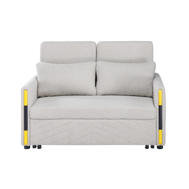 55.5"W Beige Teddy Velvet Sleeper Loveseat With Dual-Pull Sleeper Design