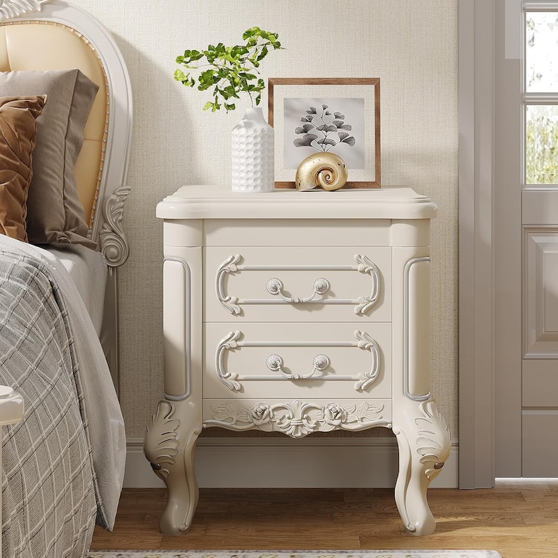 White Nightstand with 2 Drawers, Classic Carved Bedside Tables, Side Table