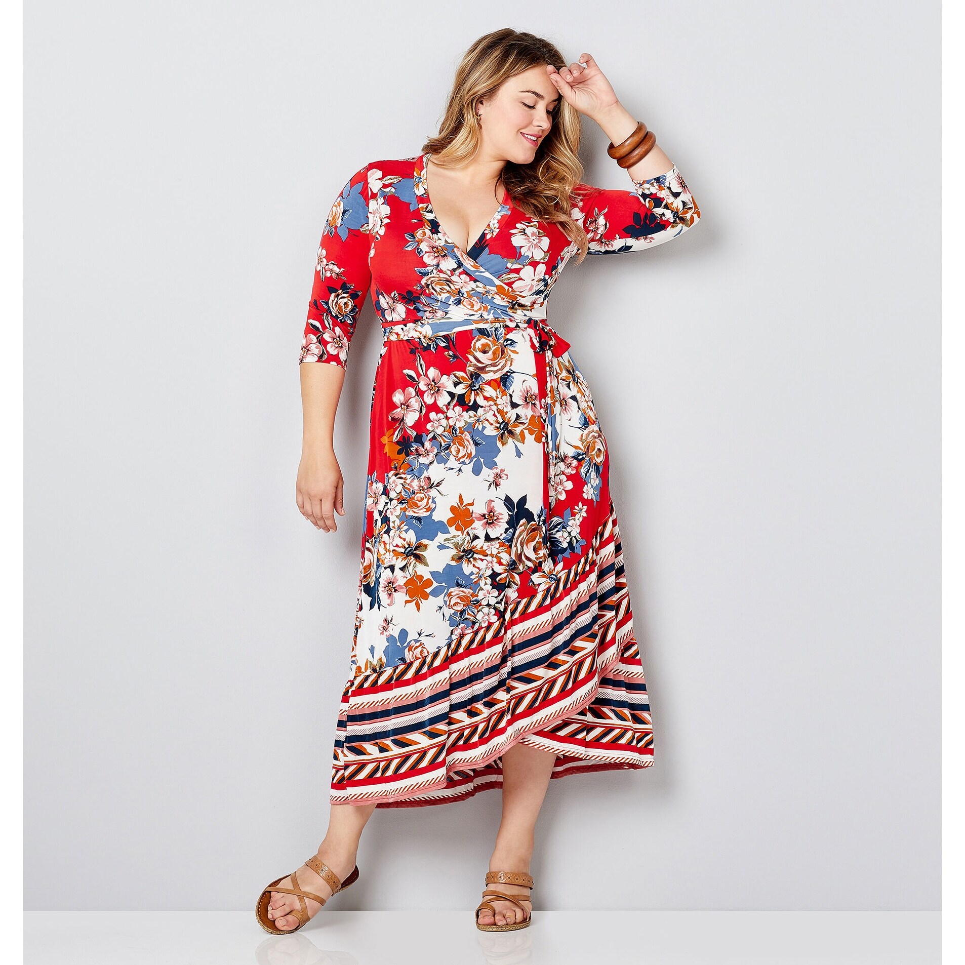 red and blue wrap dress