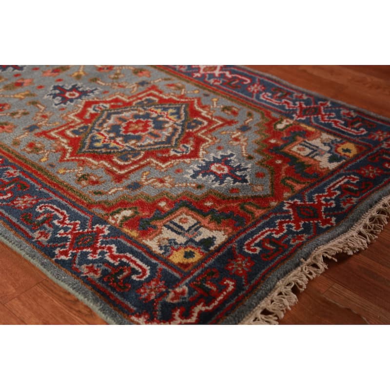 Hand Knotted Oriental 100% Wool Carpet Traditional Geometric Greys & Charcoal Heriz (serapi) Runner Rug - 7' 11'' X 2' 7''