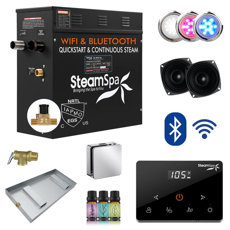 Black Series 9KW Steam Bath Generator with Fully Wireless Remote, BLUETOOTH, WIFI, and Auto Drain - 9 KW - Chrome