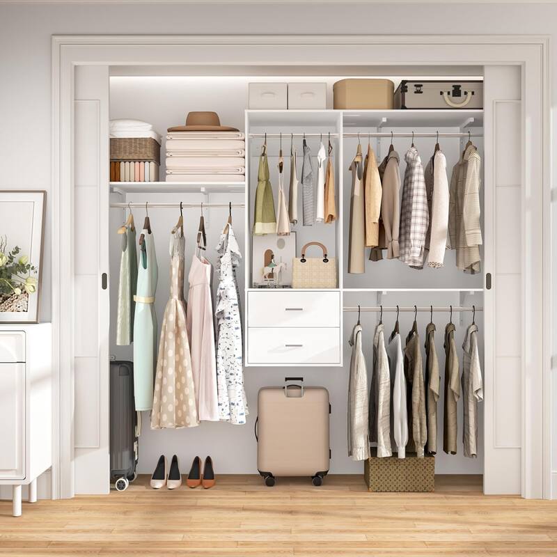 96'' Hanging Closet System with 3 Hanging Rod ＆ 3 Shelving Towers ＆ 2 Drawers,8FT Walk in Closet Organizer System - White