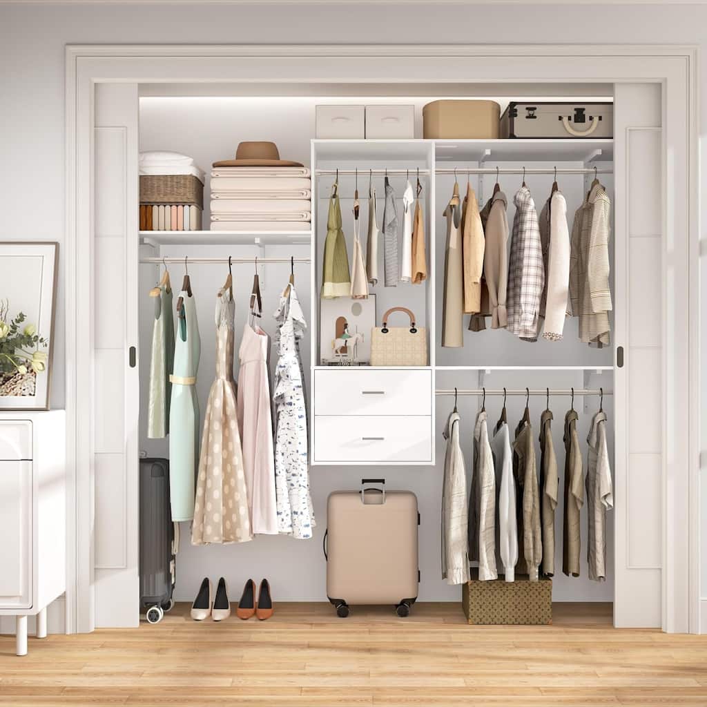96'' Hanging Closet System with 3 Hanging Rod ＆ 3 Shelving Towers ＆ 2 Drawers,8FT Walk in Closet Organizer System