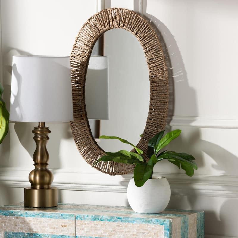 Elwyn Modern Bohemian Metal and Natural Brown Seagrass Accent Wall Mirror - Natural Brown
