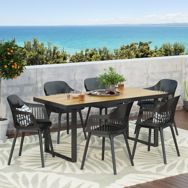 Requeta Outdoor Wood and Resin Outdoor 7 Piece Dining Set by Christopher Knight Home - Black+Sandblasted Teak