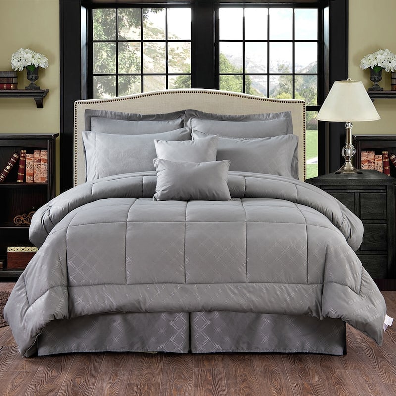 10-piece Solid Plaid Comforter Set - Grey - Twin