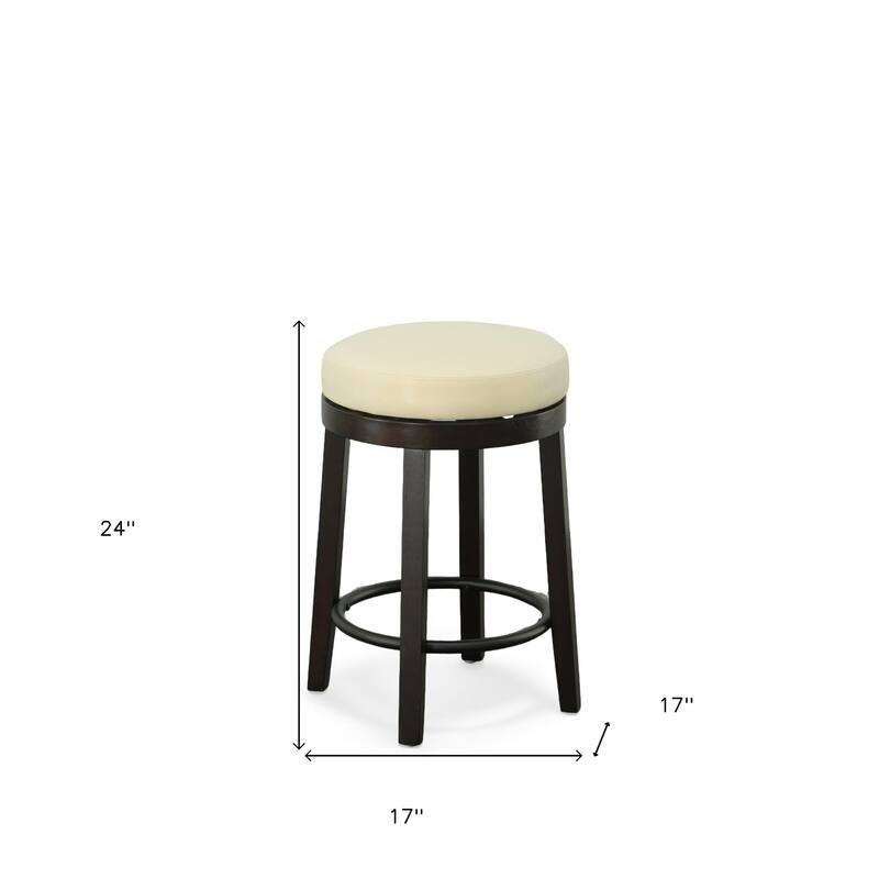 HomeRoots Set of Two 24" Cream and Espresso Faux Leather and Solid Wood Backless Counter Height Swivel Bar Chairs