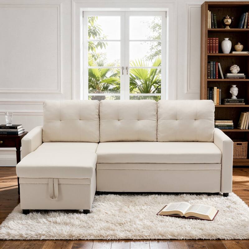 Modern Pull Out Sectional Sofa Bed Couch with Storage Chaise for Living Room - Linen/Biege