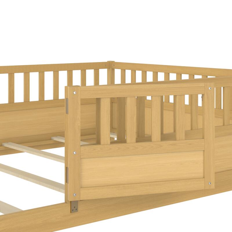 Floor Bed Pine Wood Bed Frame with Fence and Door Easy Assembly