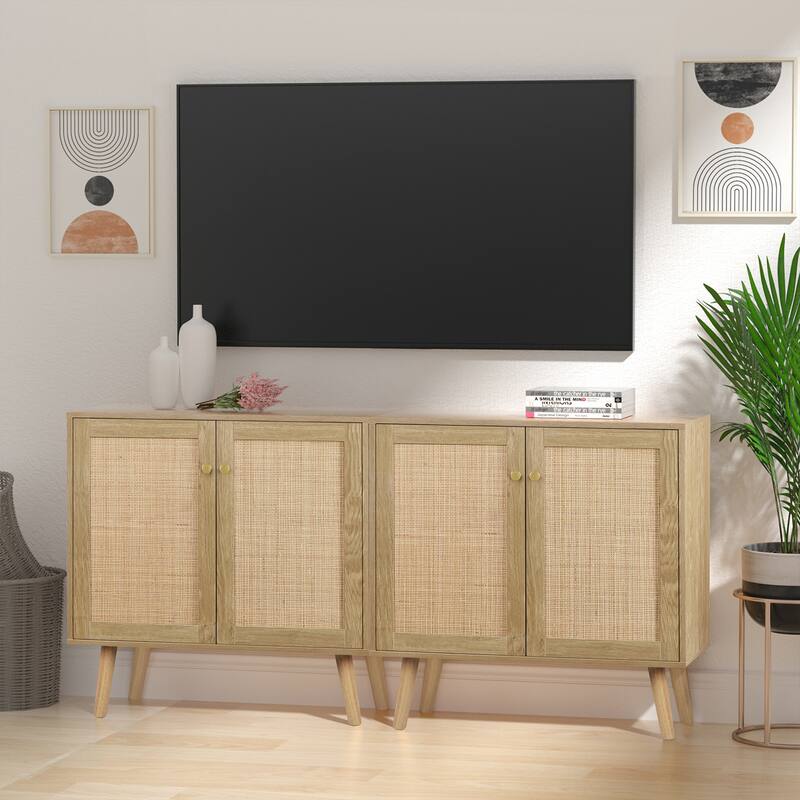 Anmytek 2-Door Farmhouse Wood Rattan Buffet Sideboard Accent Storage Cabinet with Adjustable Shelves