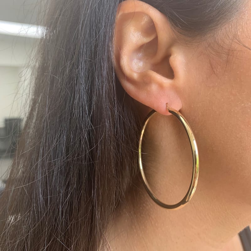 Joelle Collection Hoop Earrings 14K Yellow Gold Bead Earrings 3 x 50 MM 2" Inch