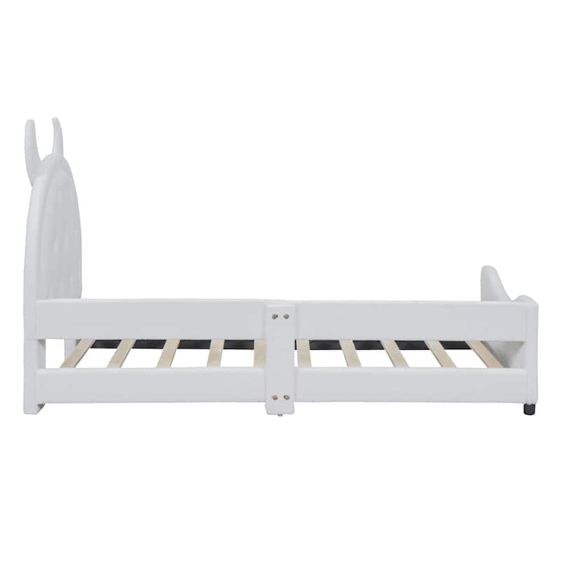 Upholstered Twin Daybed Frame for Kids, Teddy Fleece Bed w/ OX Horn