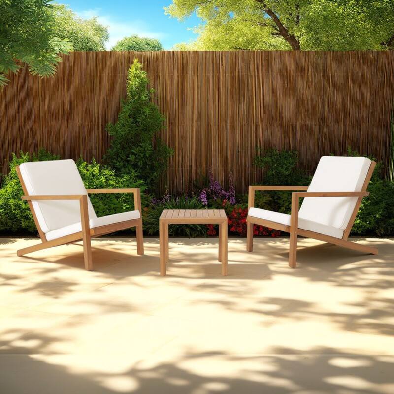 Liah Outdoor Patio Table Set, 2 Chairs, Brown Acacia Wood, Cream Polyester