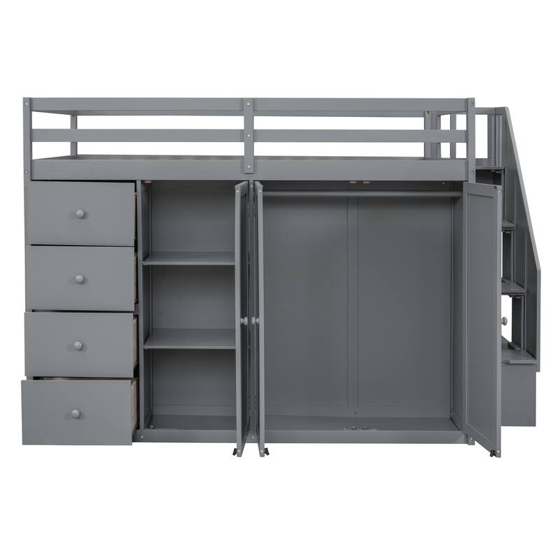 Full Size Wood Loft Bed With Built-in Wardrobes