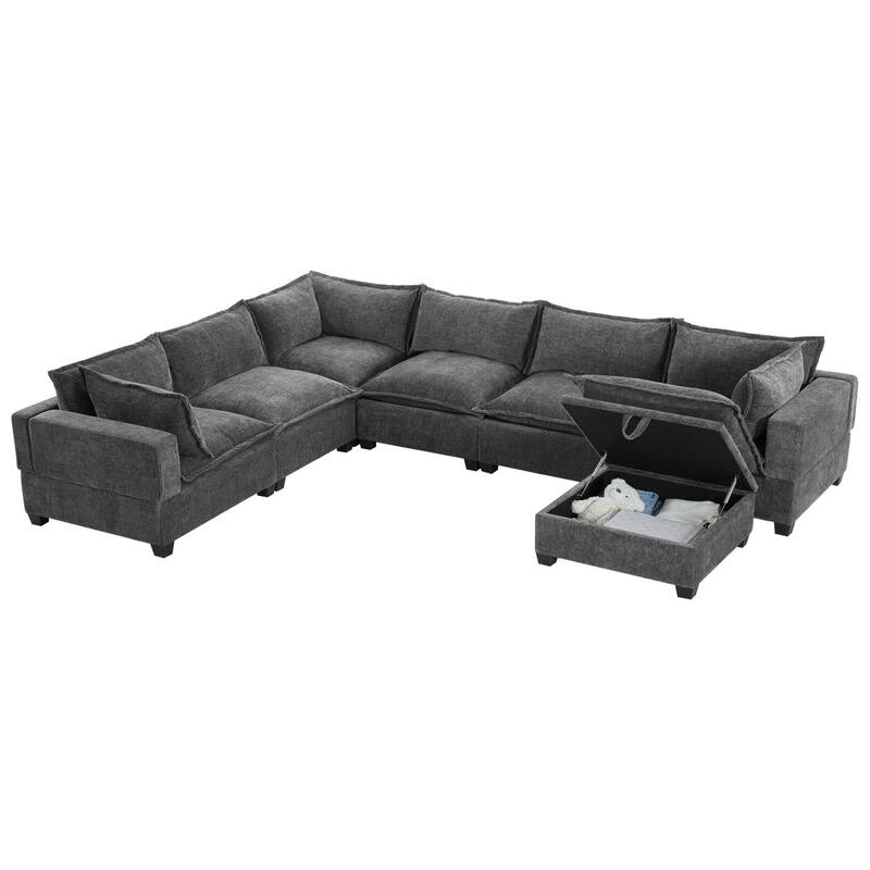 117.5" U-Shaped Chenille Sectional Sofa with Movable Storage Ottoman