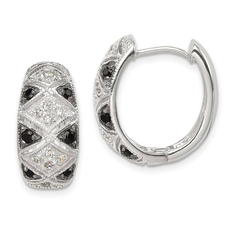 Curata 925 Sterling Silver Pave Black and Clear CZ Cubic Zirconia Art Deco Hinged Huggies Hoop Earrings (8mm x 18mm)