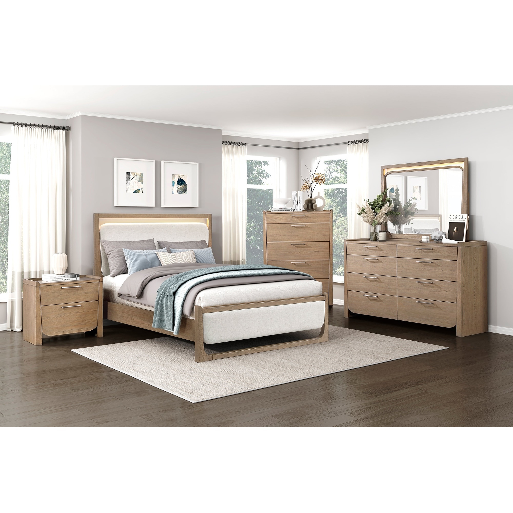 Light Brown Finish LED Bedroom Set Contemporary Design Furniture
