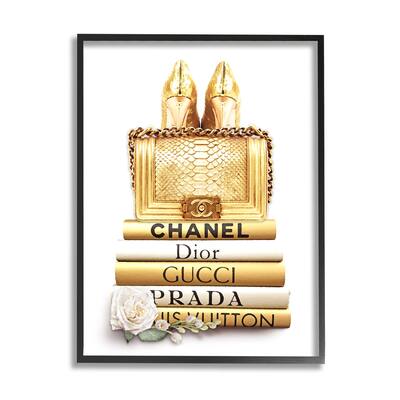 Stupell Divine Golden Fashion Purse on Glam Designer Bookstack Framed Wall Art