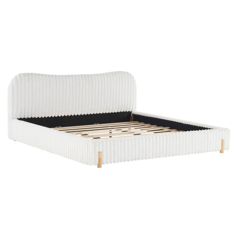 Sleek White Boucle Upholstered Bed, Solid Rubberwood Platform Bed Frame with Wavy Headboard and Vertical Stitching
