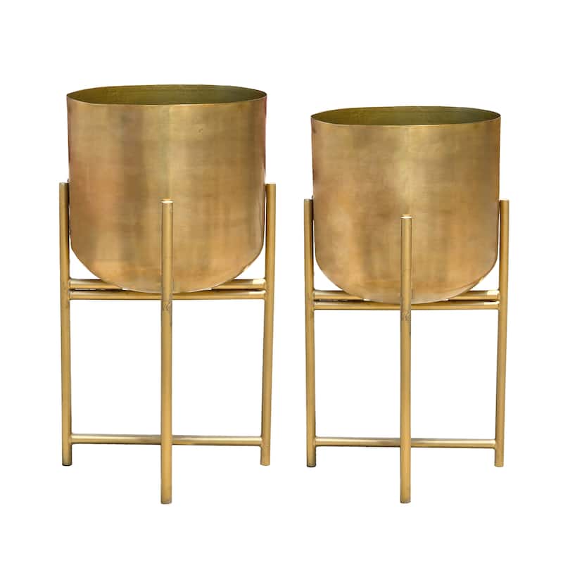 Aira Set of 2 Planters Foldable Metal Stand - Antique Brass - L: 11L x 11W x 22H, S: 10L x 10W x 19H in inches