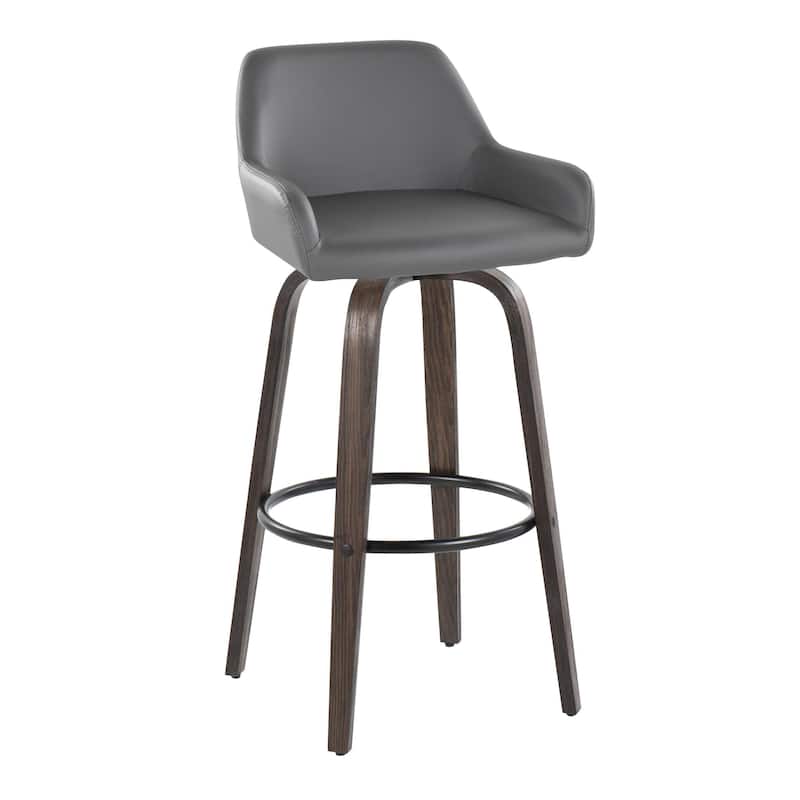 Porch & Den Galotti 30" Fixed-Height Bar Stool with Bent Wood Legs & Round Footrest (Set of 2) - Grey Faux Leather/Walnut Glazed/Black Metal
