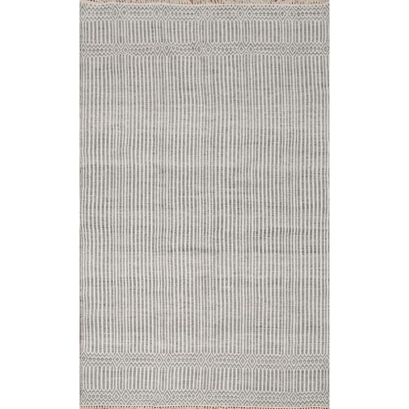 Hand Woven Oriental 100% Wool Carpet Traditional Geometric Greys & Charcoal Durrie-Kilim Area Rug - 8' 1'' X 5' 0''