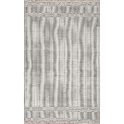 Hand Woven Oriental 100% Wool Carpet Traditional Geometric Greys & Charcoal Durrie-Kilim Area Rug - 8' 1'' X 5' 0''