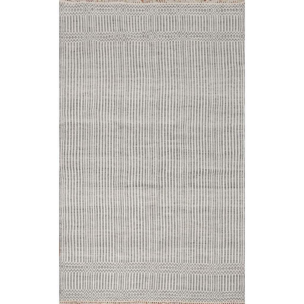 Hand Woven Oriental 100% Wool Carpet Traditional Geometric Greys & Charcoal Durrie-Kilim Area Rug - 8' 1'' X 5' 0''