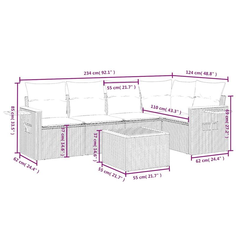 vidaXL 6 Piece Patio Sofa Set with Cushions Grey Poly Rattan (US only) - 92.1x33.5x48.8