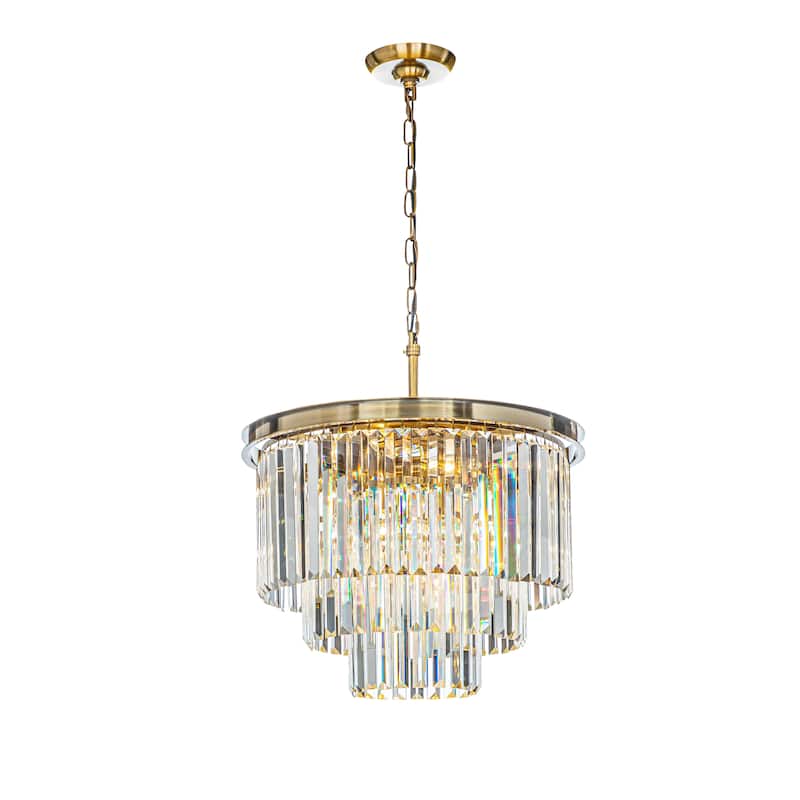6-Lights Modern 3-Tier Round Fringe Crystal Chandelier - W 20" - Antique Gold