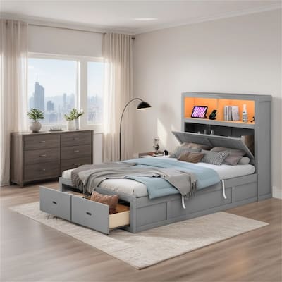 Wood Full Size Hydraulic Platform Bed with Storage LED Headboard