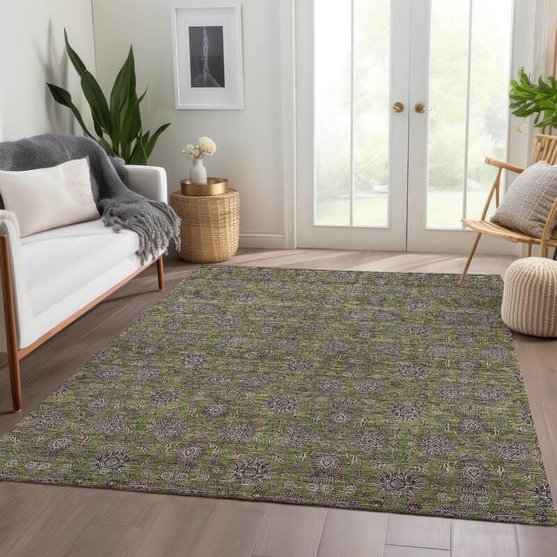 Machine Washable Indoor/ Outdoor Chantille Traditional Floral Rug - Olive - 10' x 14'
