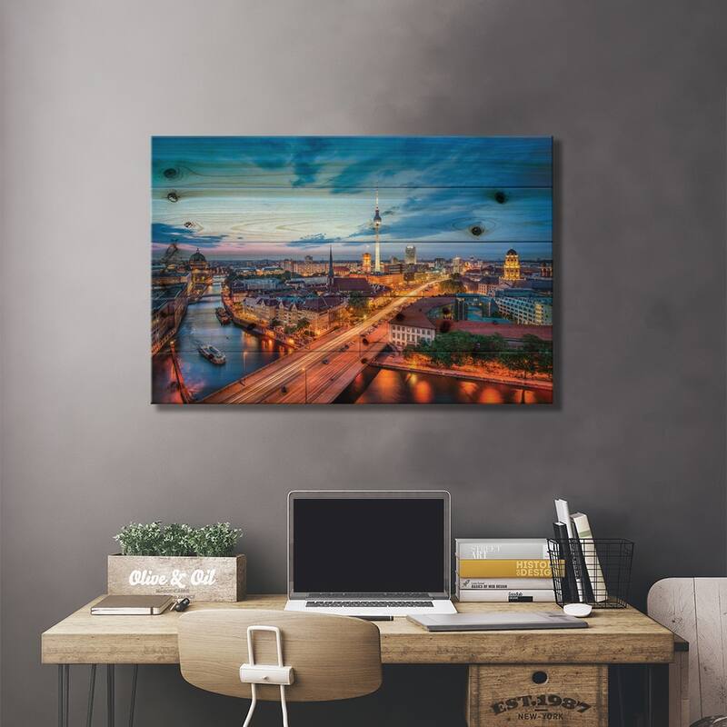 Berlin Skyline With Nikolaiviertel And Berlin Television Tower (Fernsehturm Berlin) At Night Print On Wood by Jan Becke