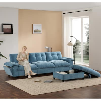 104x60" Sectional Sofa, Light Blue Chenille, Multifunctional Armrest, Dual Pockets, Tufted Design, Movable Ottoman