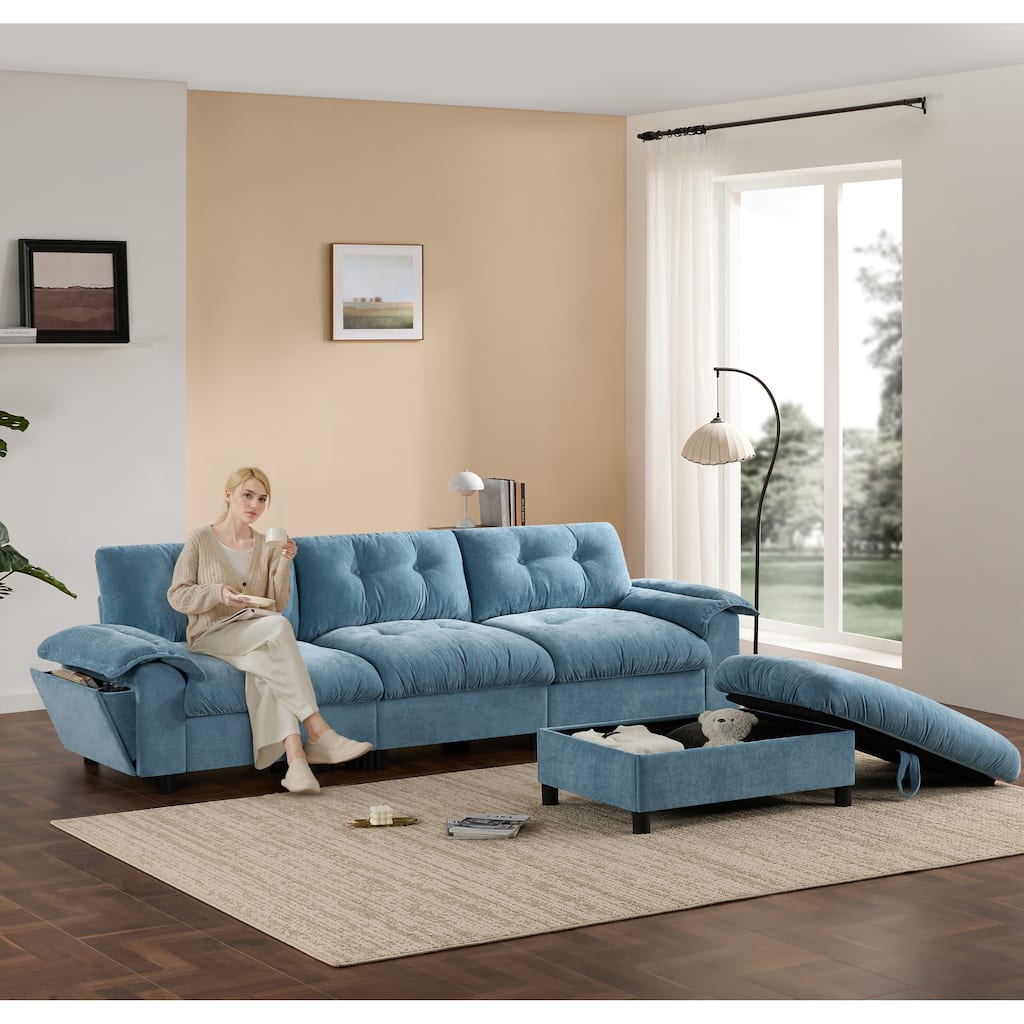 104x60" Sectional Sofa, Light Blue Chenille, Multifunctional Armrest, Dual Pockets, Tufted Design, Movable Ottoman