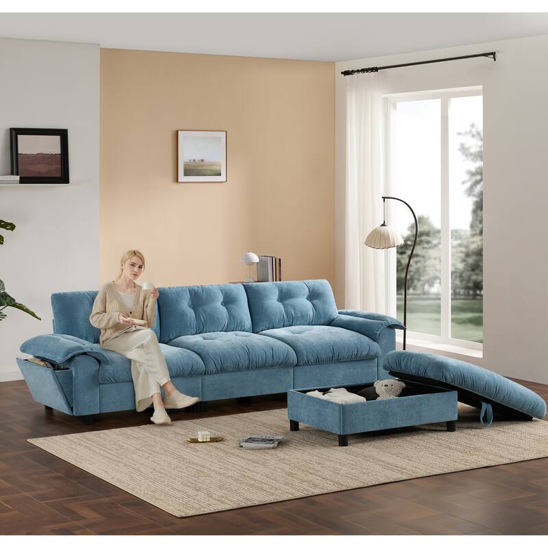 L-Shape Chenille Sectional Sofa with Multifunctional Armrest & Movable Storage Ottoman -  Light Blue