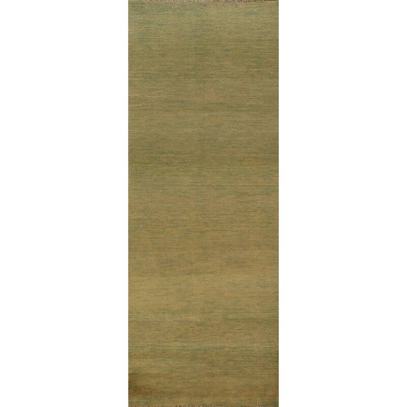 Green & Yellow Modern Gabbeh Runner Rug Handmade Wool Carpet - 2'8" x 9'6"