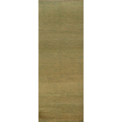 Green & Yellow Modern Gabbeh Runner Rug Handmade Wool Carpet - 2'8" x 9'6"