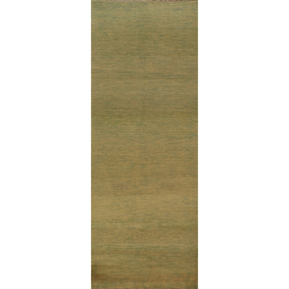 Green & Yellow Modern Gabbeh Runner Rug Handmade Wool Carpet - 2'8" x 9'6"