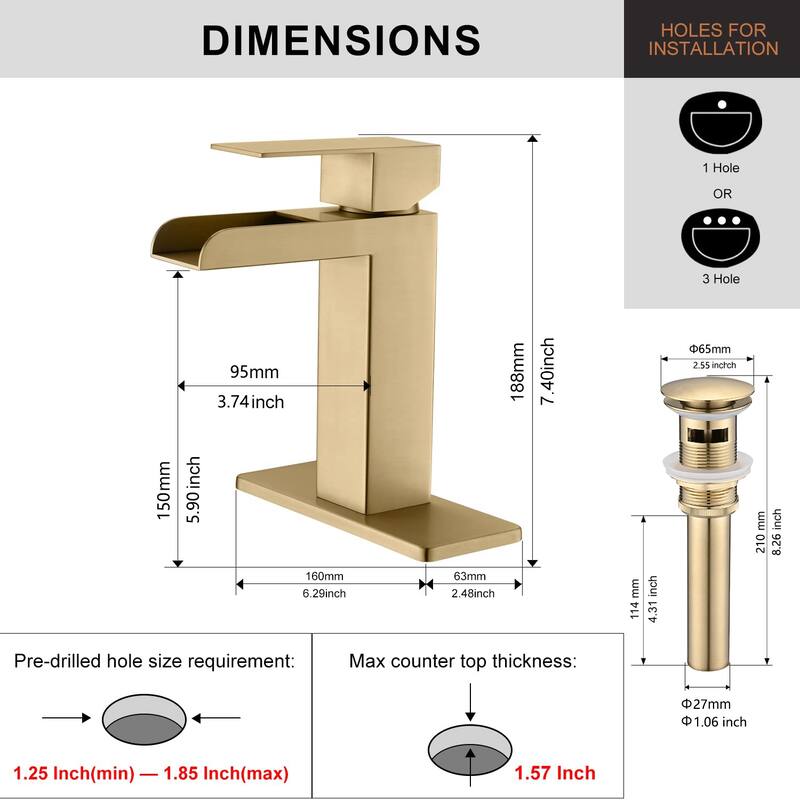 PROOX Bathroom Waterfall Faucet Single Handle with Drain Assembly