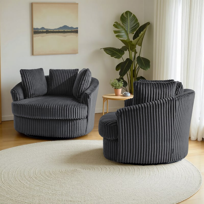 2 Set Oversized 43" W Plush Corduroy Swivel Barrel Chair with Pillows