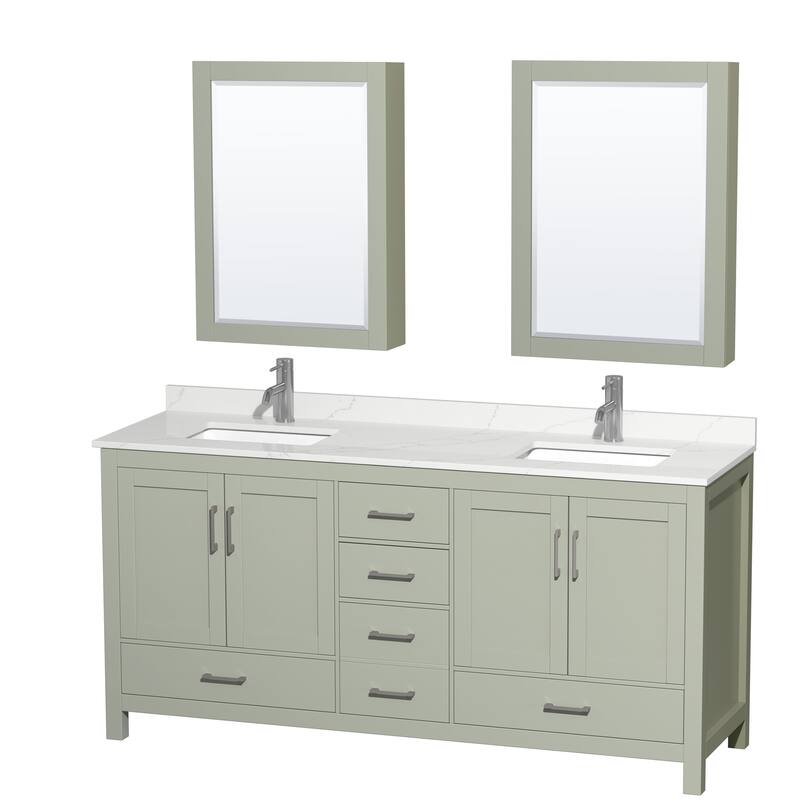 Sheffield 72-inch Double Vanity, Single Hole Quartz Top, Med Cabinets - Light Green, Nickel Trim, Giotto Quartz Top