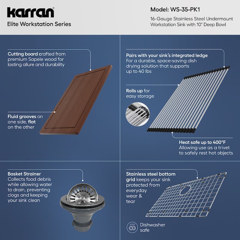 Karran Elite WS-35-PK1 Undermount 30" Single Bowl Stainless Steel Workstation Kitchen Sink