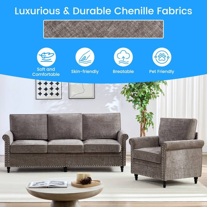 Mixoy Chenille Fabric 3-Seater Sofa Couch with Single Sofa Chair with Rivet Design,Solid Wood Gourd Legs for Living Room - 3+1